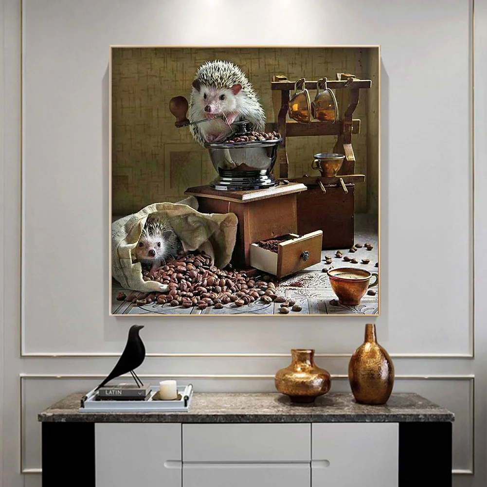 Diamond Painting Kit Hedgehog coffee beans Full Round Rhinestone Wall Pict