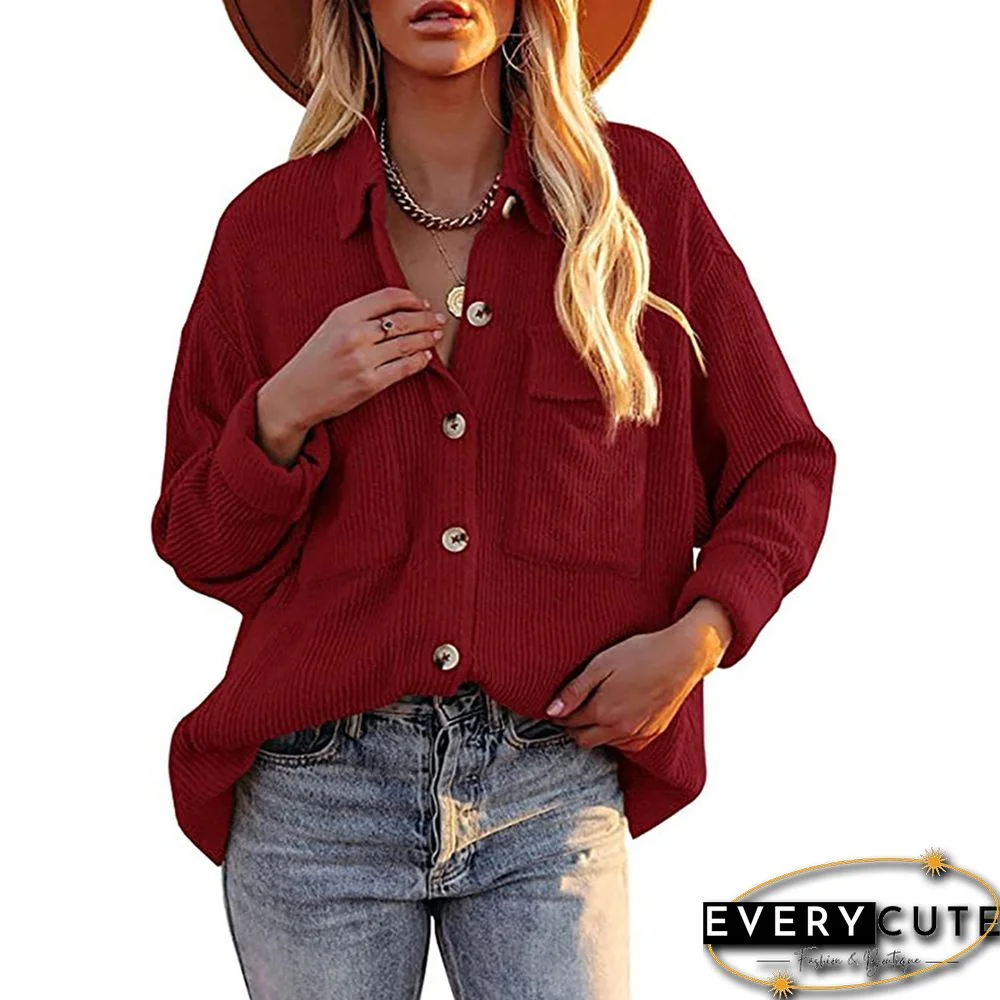 Solid Red Corduroy Button Shirt With Pocket