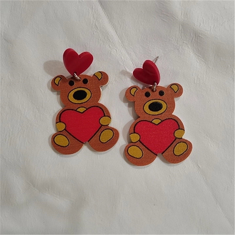 1 Pair Cute Bear Heart Shape Rose Arylic Christmas Valentine’s Day Women’s Drop Earrings