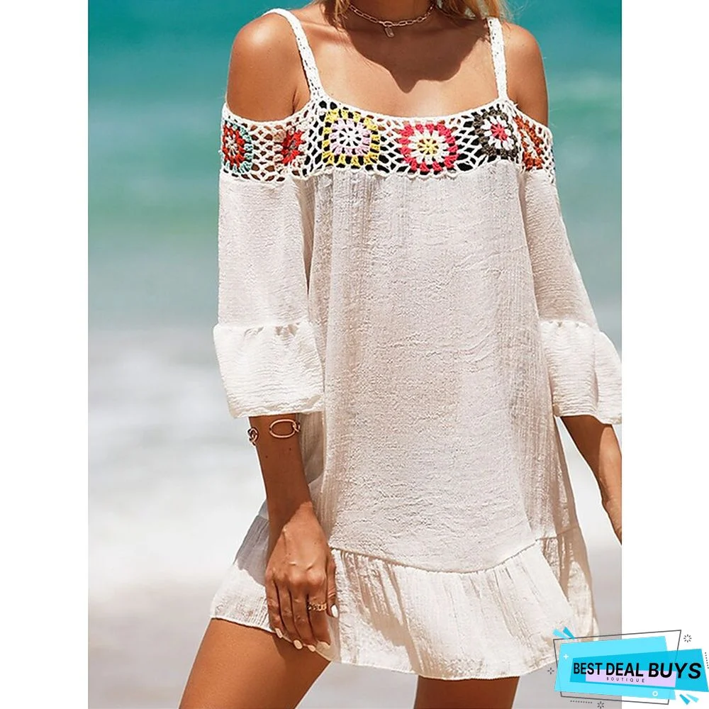 Women's Cover Up Beach Dress Beach Wear Mini Dress Ruffle Backless Ethnic Casual Floral Spaghetti Strap 3/4 Length Sleeve Loose Fit Outdoor Daily Black White 2023 Spring Summer One Size
