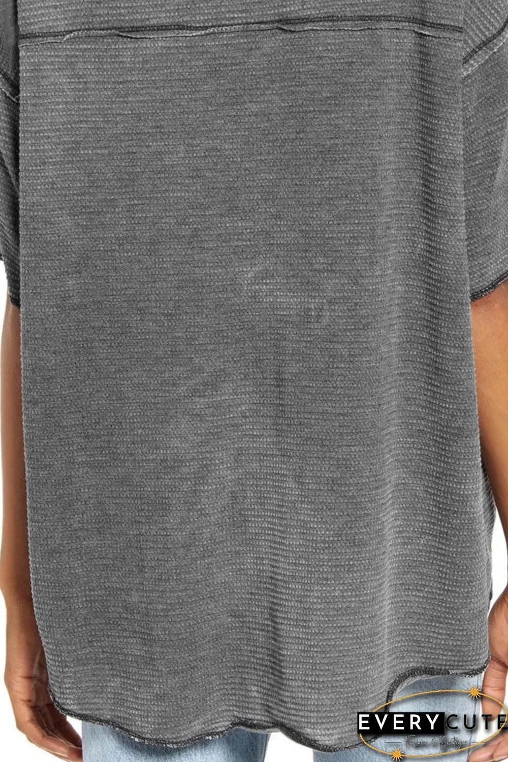 Gray Waffle Knit Seamed Half Sleeve V Neck Top