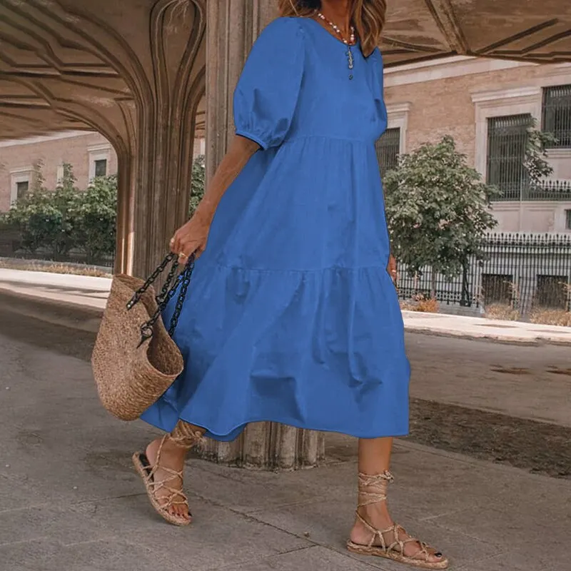 VONDA Women Summer Midi Dress Ladies Sexy Lantern Sleeve Beach Sundress 2022 Fashion Ruffled Casual Solid Bohemian Vestidos Robe