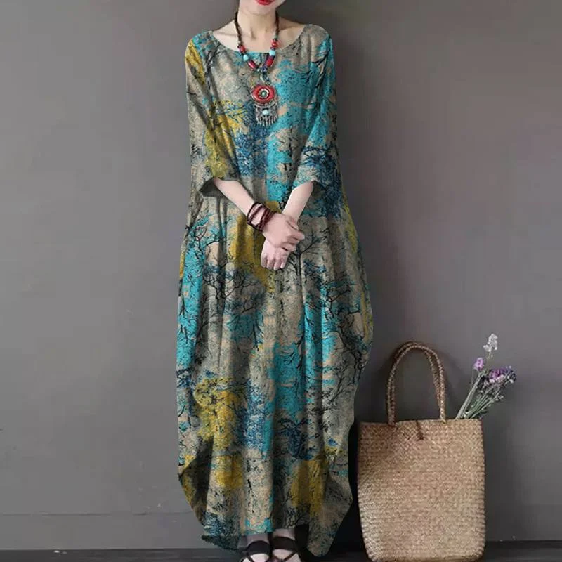 Vintage Women Sundress ZANZEA Casual Long Sleeve Printed Maxi Long Dress Kaftan Female Baggy Floral Vestidos  Dresses