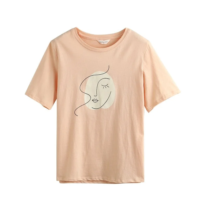 Toppies Summer T-shirts Woman Short Sleeve Tops Tee Korean Girls T-shirts Abstract Printing Chic Art Design