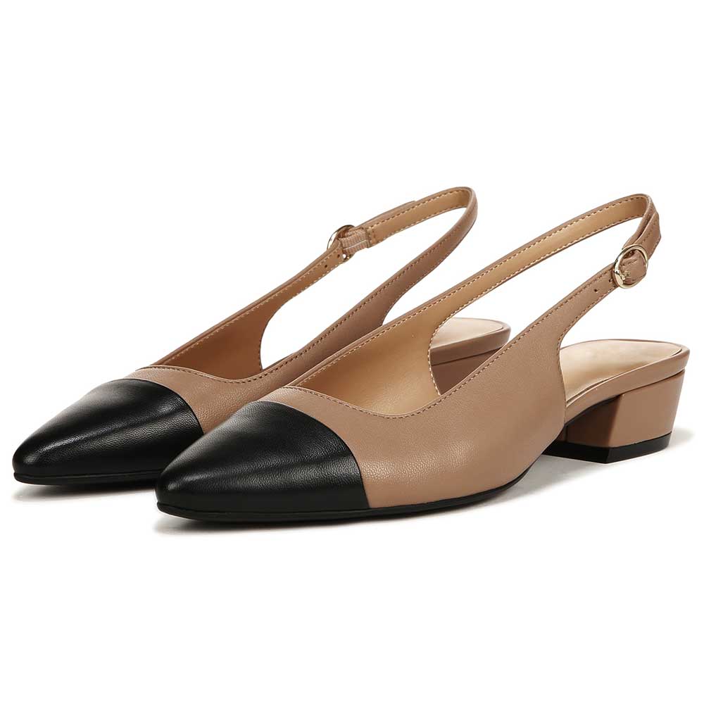 Black & Brown Vegan Leather Pointed Toe Chunky Heel Slingback Pumps Nicepairs