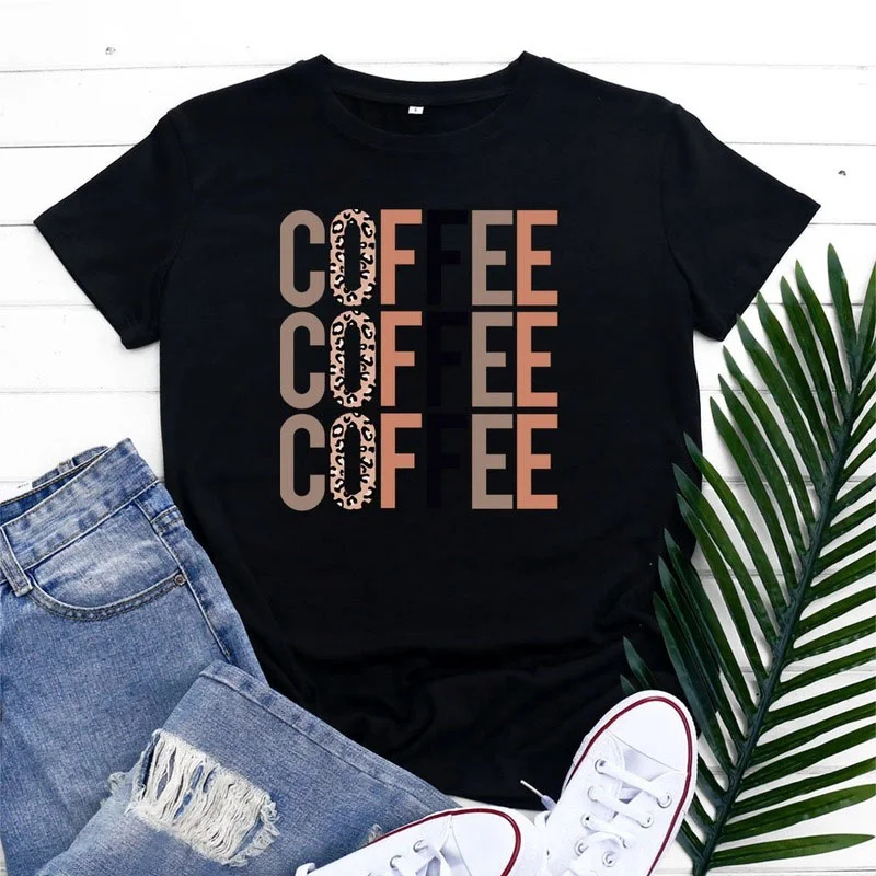 Female Regular Short Sleeve Summer Casual Women Graphic T-shirts Coffee Letter Print Ladies Fashion 100% Cotton O-Neck Tees Tops