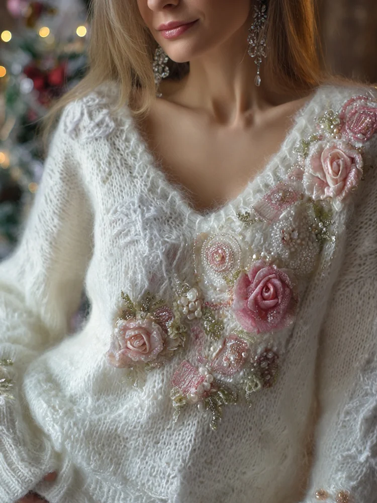 Elegant Pink Roses Beads Embroidered Cozy Knit Sweater