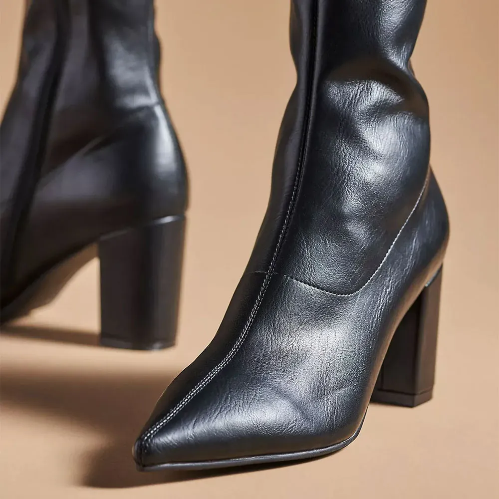 Classic Black Pointed Toe Chunky Heel Side Zipper Knee High Boots