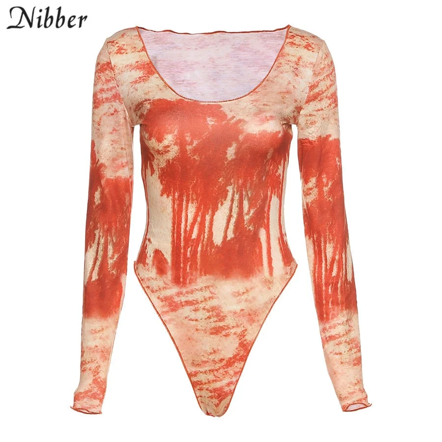 Nibber One word collark Printing Long Sleeve Bodysuit For Women Autumn Fashion Basic Playsuit Street Casual Wear Jumpsuit Mujer