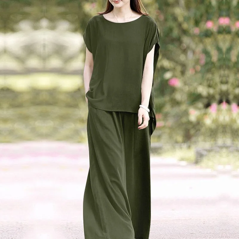 ZANZEA Oversized Summer Trousers Suits 2PCS Women Matching Sets Fashion Short Sleeve Blouse Wide Leg Pants Sets Loose Tracksuit
