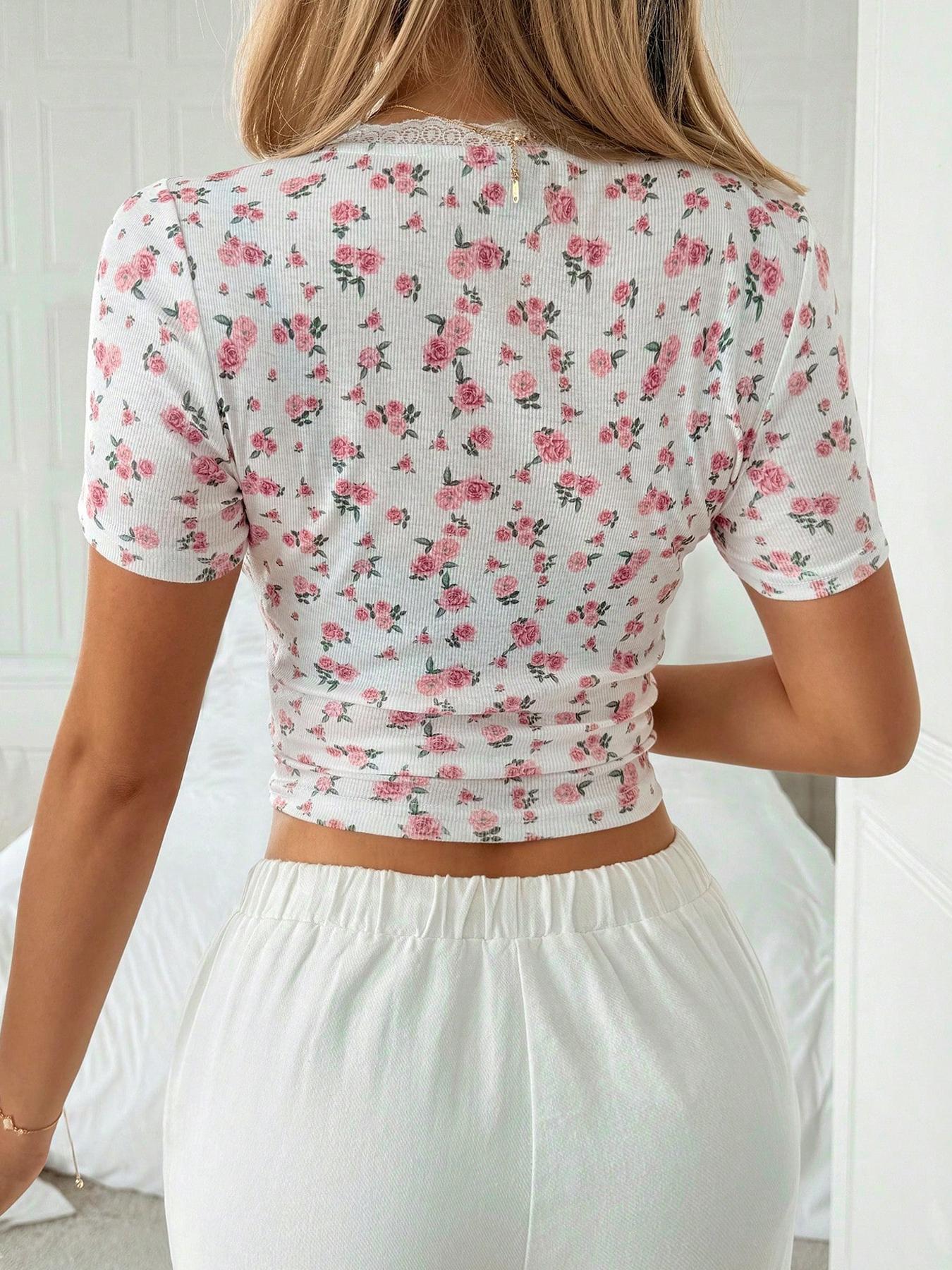 Sweetheart Neck Lace-Trim Short-Sleeve Floral Print Fitted Crop Top, Y2K Casual Aesthetic Cute Style for Daily Wear, Womenswear
