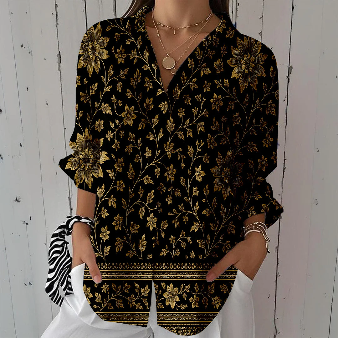 Style & Comfort for Mature Women Women Retro, Green DZCL0334 3/4 Sleeve Shirt Collar Printed Button Tops