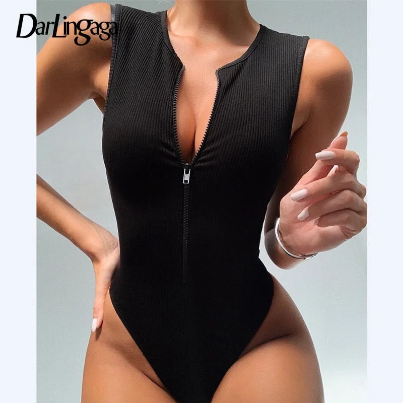 Darlingaga Zipper Skinny Tank Sexy Bodysuit Women Fashion Bodycon Body Basic Top Sleeveless Summer Bodysuits Jumpsuit One Piece