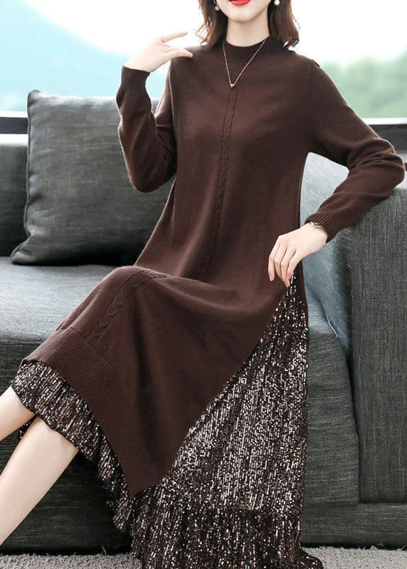 French Coffee Turtle Neck Patchwork Sequins Knit Long Sweater Dress Long Sleeve