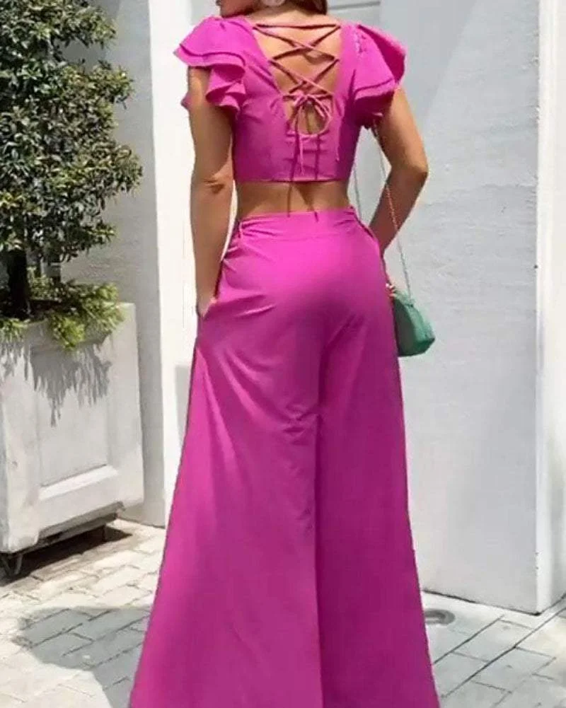 BUTTERFLY SLEEVE SOLID COLOR TWO-PIECE SET