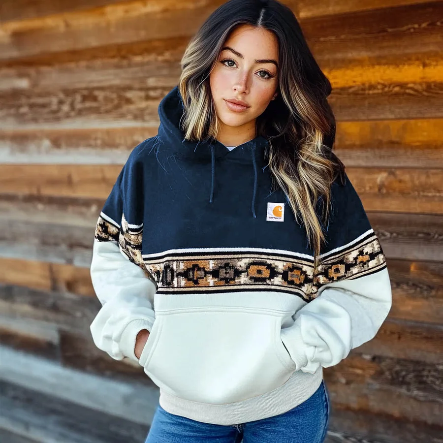 Women's Vintage Ethnic Color Block Pocket Oversized Long Sleeve Hoodie