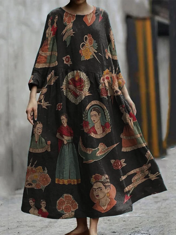 Artist Frida Decorative Patterns Pocket Cotton Dress