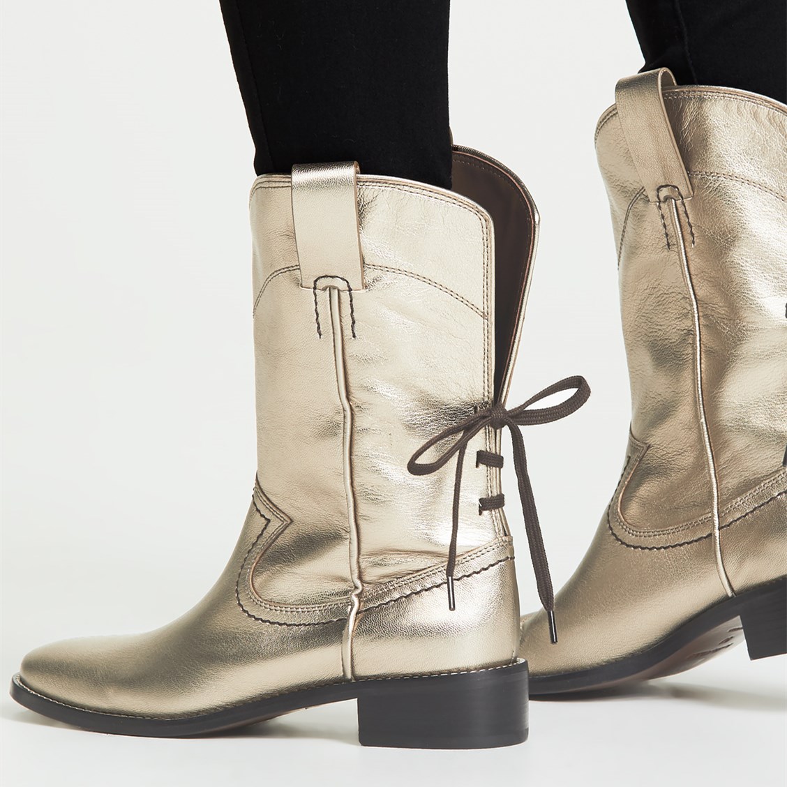 Gold Chunky Heels Cowgirl Boots Round Toe Back Lace up Ankle Boots