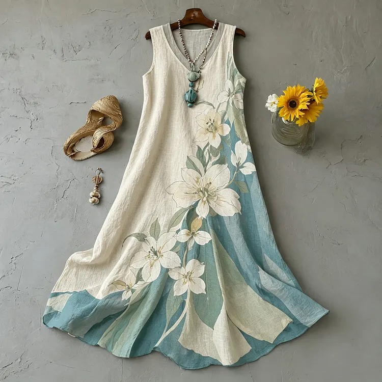 Women's Vintage Floral Embroidery Ombre Linen Dress