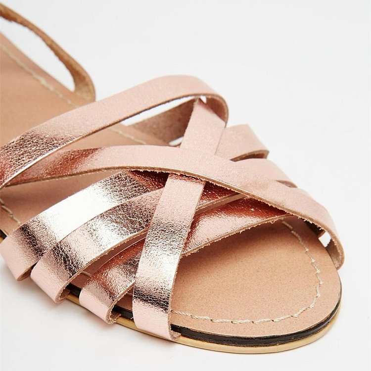 Rose Gold Sandals Open Toe Ankle Strap Flat Sandals|FSJshoes