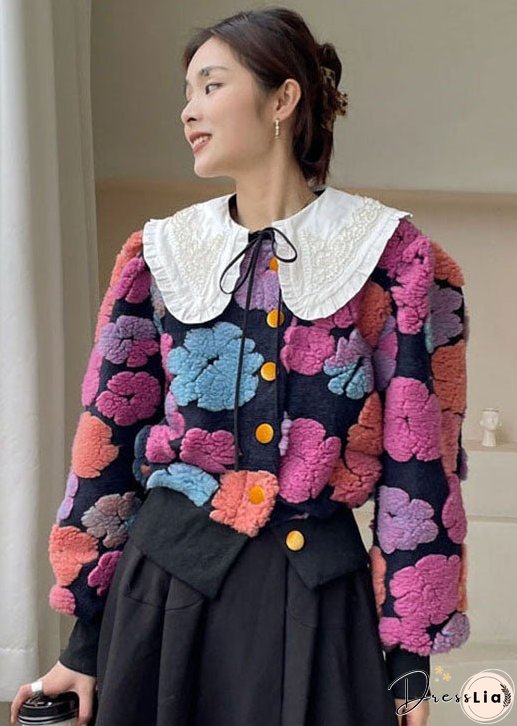Plus Size Rose flower Button Floral Faux Fur Winter Coat