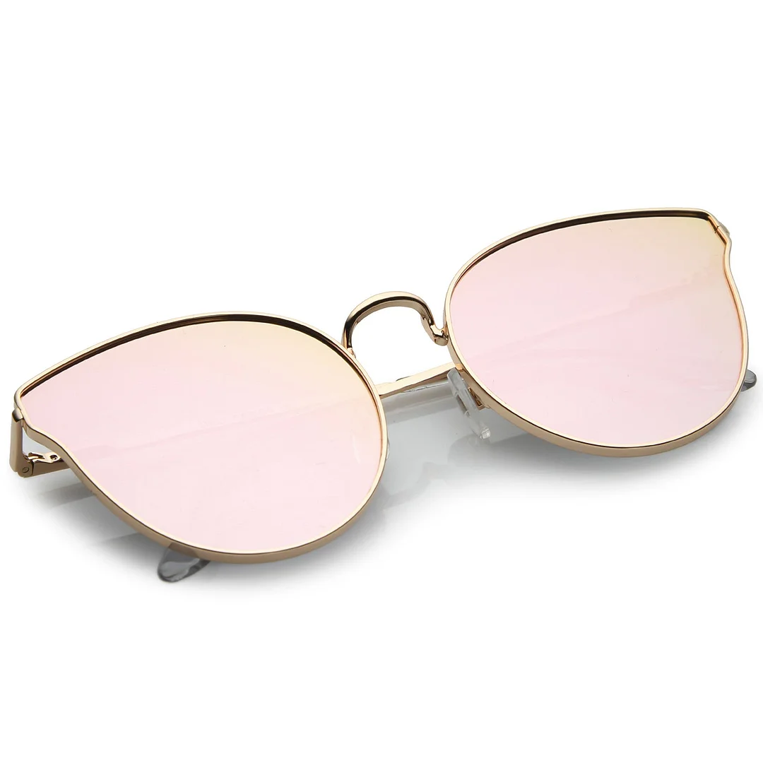 Premium Metal Cat Eye Sunglasse With Slim Arms And Round Colored Mirror Flat Lens 54mm