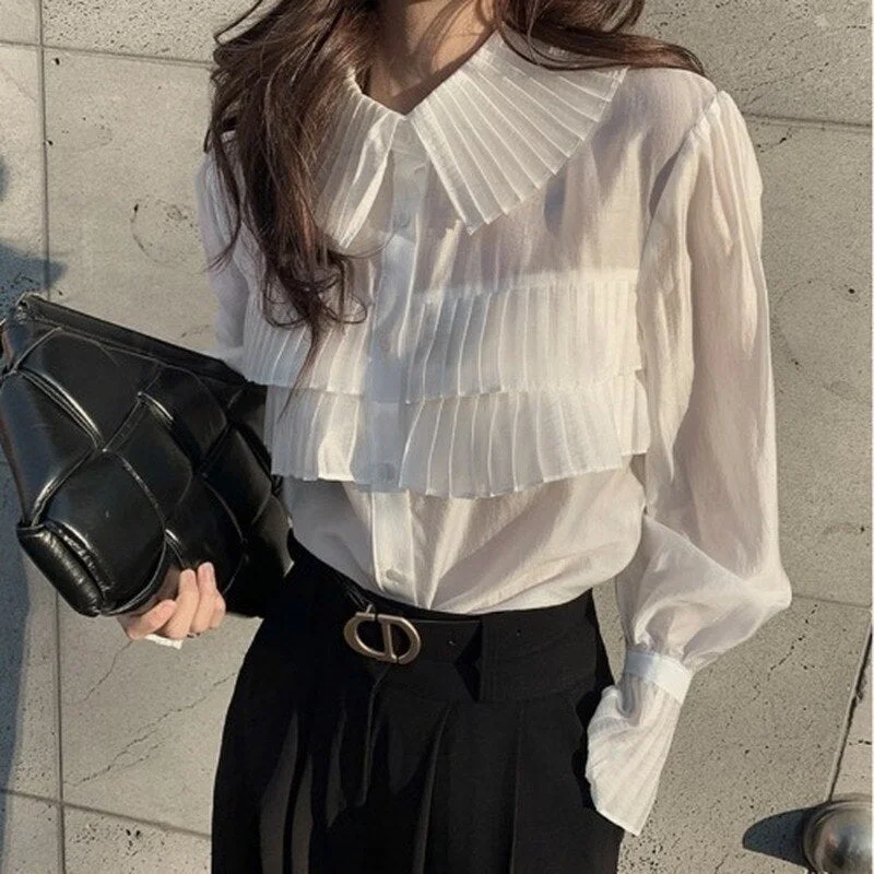 Korean Style Elegant Pleated Shirts Spring Turn Down Collar Blouse Women Solid Single Breasted Lantern Sleeve Tops Blusas 13337