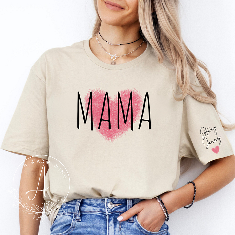 Mom's Heartbeat-Personalized Mama T Shirt with Kids Names