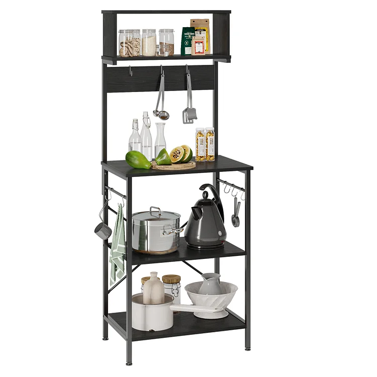 Bestier Kitchen Baker's Rack Microwave Stand Kitchen Rack with Hutch 8 Side Hooks Coffee Station, High Utility Storage Rack for Kitchen Dining Room Living Room