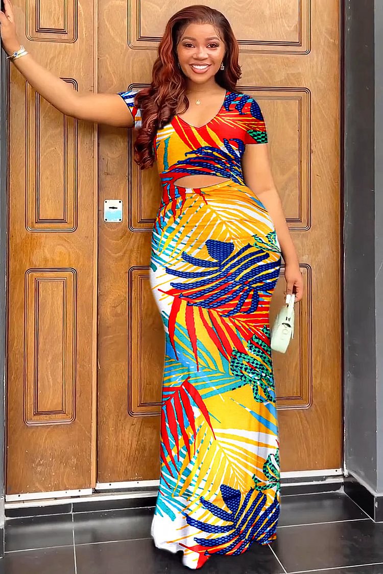 Multicolor Print V Neck Cutout Bodycon Maxi Dresses [Pre Order]