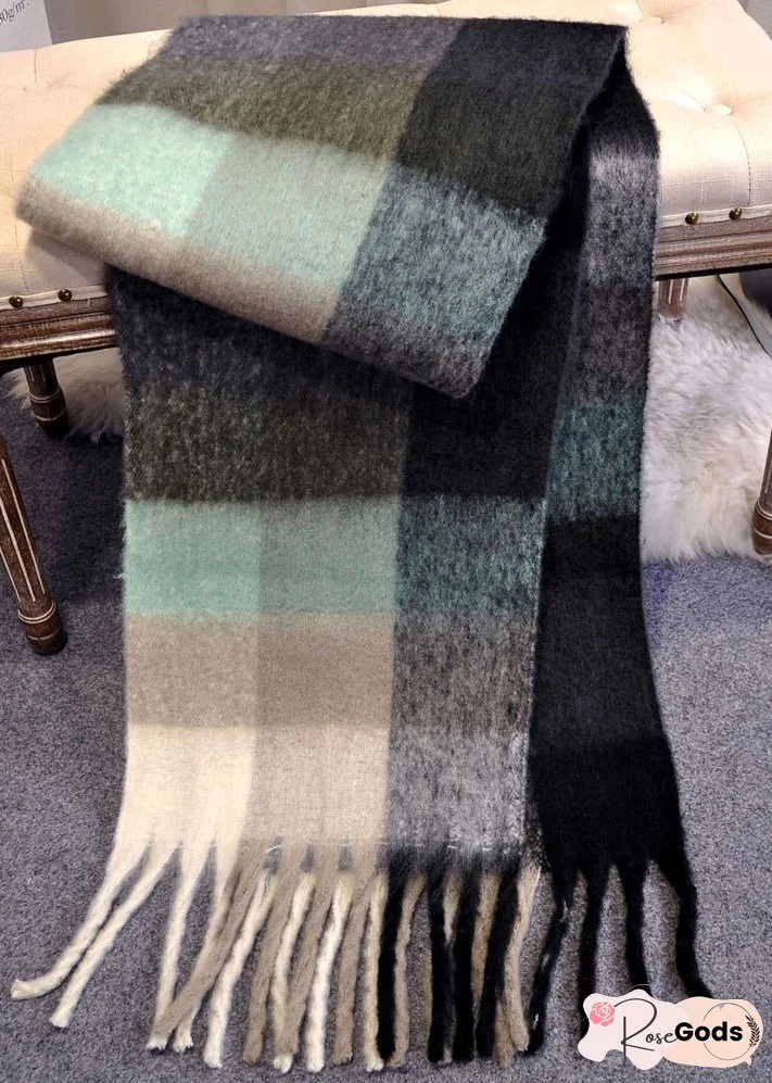 French Black Plaid Tasseled Patchwork Woolen Scarf