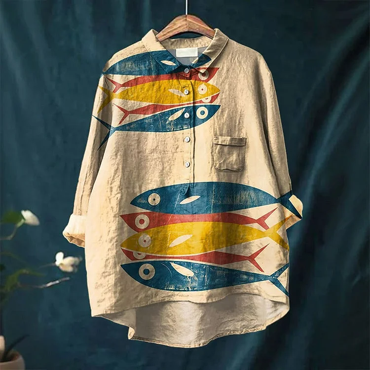 Japanese Style Simple Fish Art Print Casual Lapel Blouse