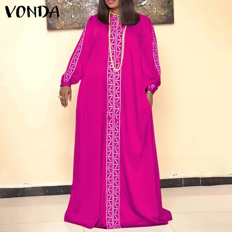 2022 VONDA Long Sleeve Vintage Printed Party Maxi Dress Women Summer Vestidos Casual Sexy V Neck A-Line Satin Oversized Sundress