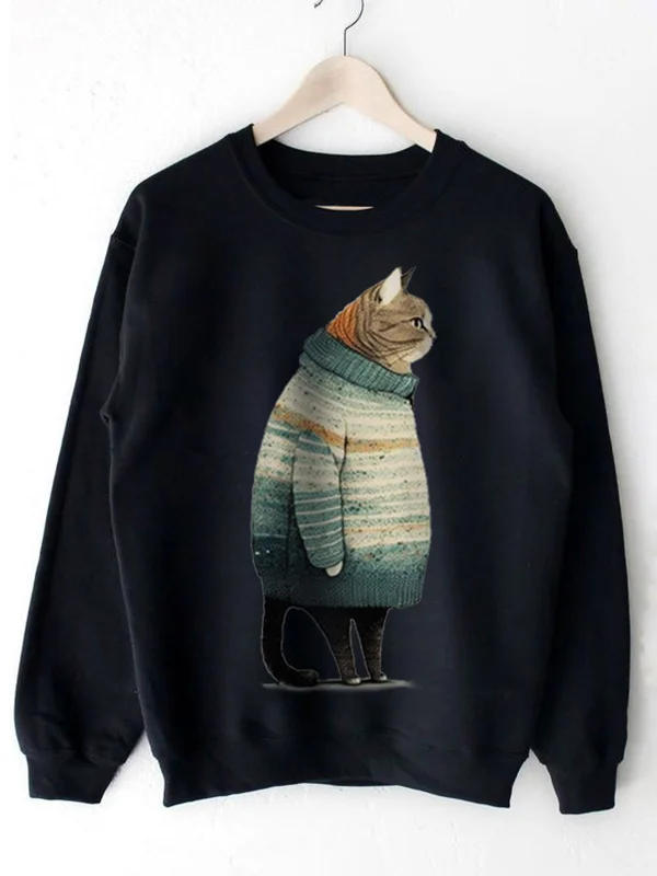 Men's Lovely Clothing Cat Crew Neck Graphic Print Sweatshirt