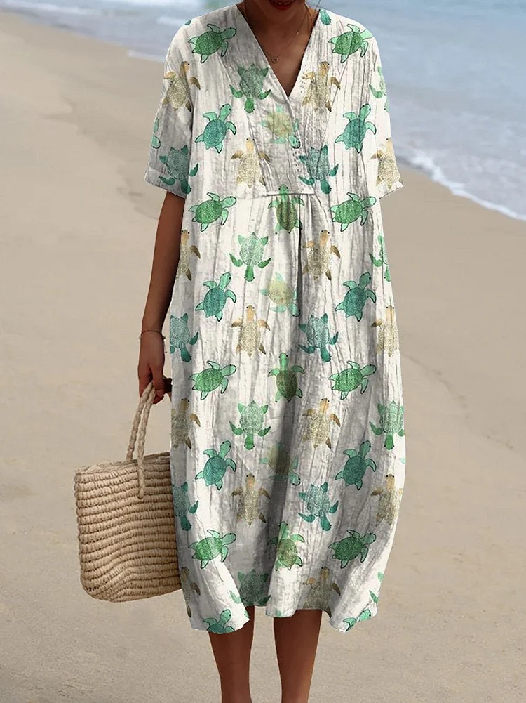 Little Sea Turtle Pattern Printed Women's Flowy Dress