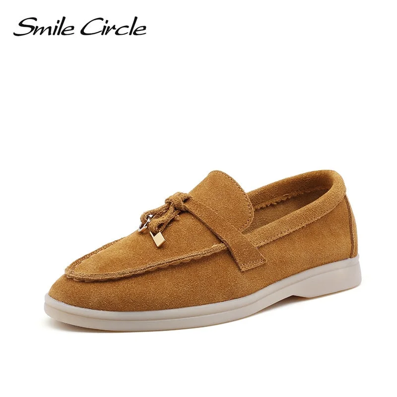 Smile Circle/cow-suede loafers Women Slip-On flats shoes Genuine Leather Ballets Flats Shoes for women Moccasins big size 36-42