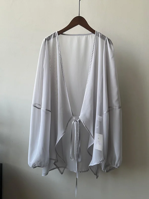 Tied Split-Joint See-Through Sun-Protection Loose Collarless Blouses ...
