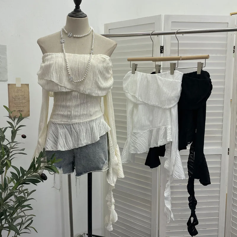 Uveng The Ballet Style Shoulder Fold Texture Texture Coat Irregularly Ribbon Horn Sleeve Short Shirt 1158