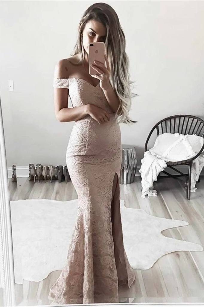 Modern Off-the-Shoulder Lace Mermaid Prom Dress With Split - lulusllly