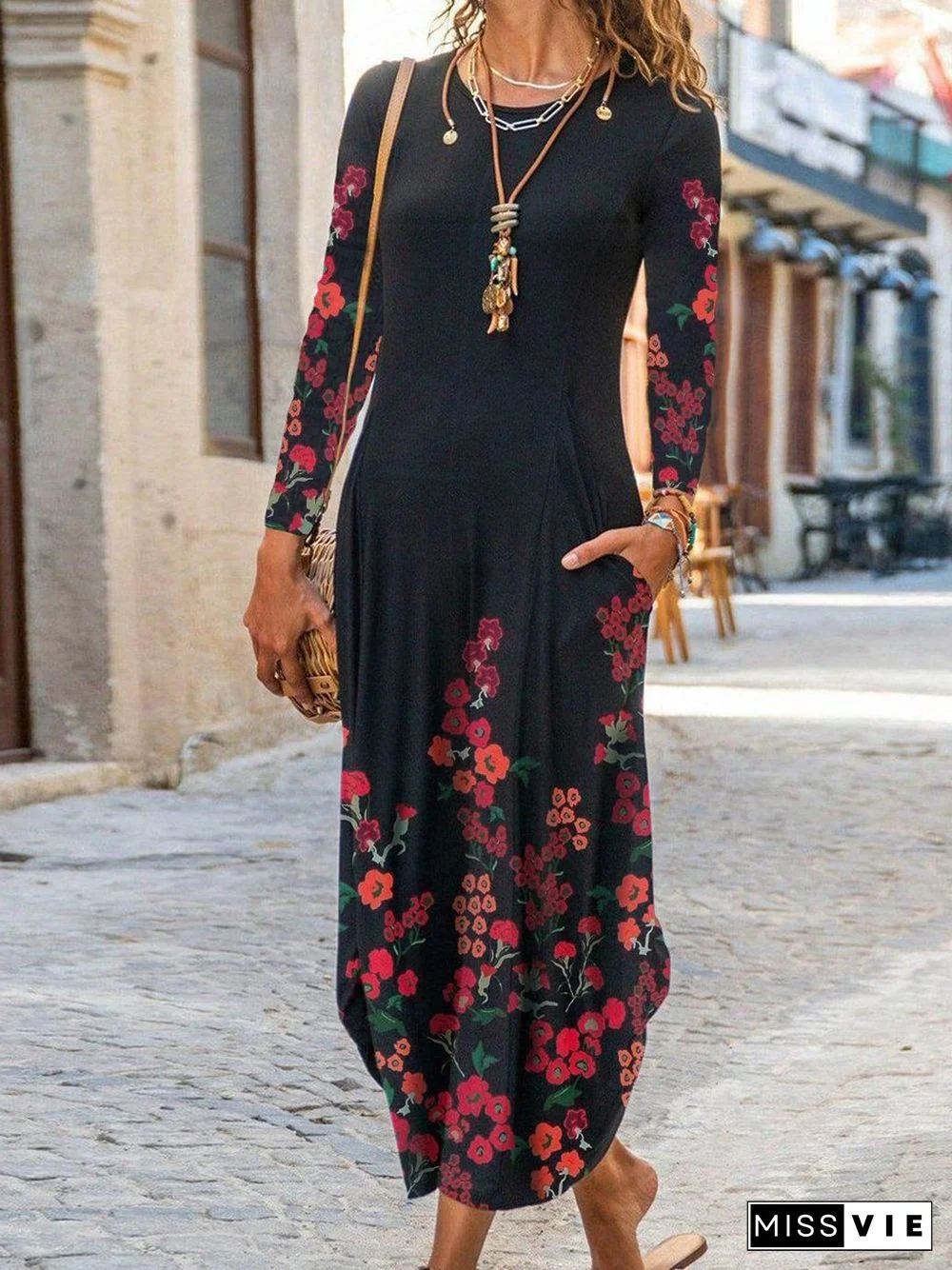 Loosen Pastoral Crew Neck Dresses