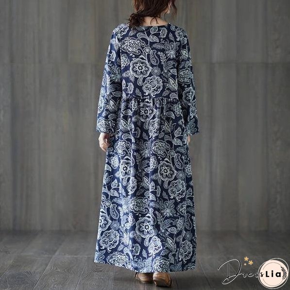 long sleeve cotton linen plus size vintage floral for women casual loose autumn dress