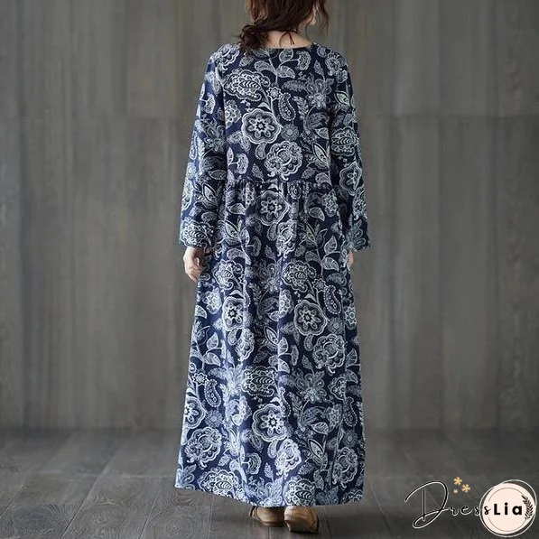long sleeve cotton linen plus size vintage floral for women casual loose autumn dress