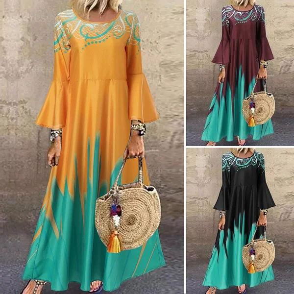 ZANZEA Women Kaftan Party Color Printed Long Shirt Dress Casual Flare Sleeve O Neck Slim Maxi Sundress