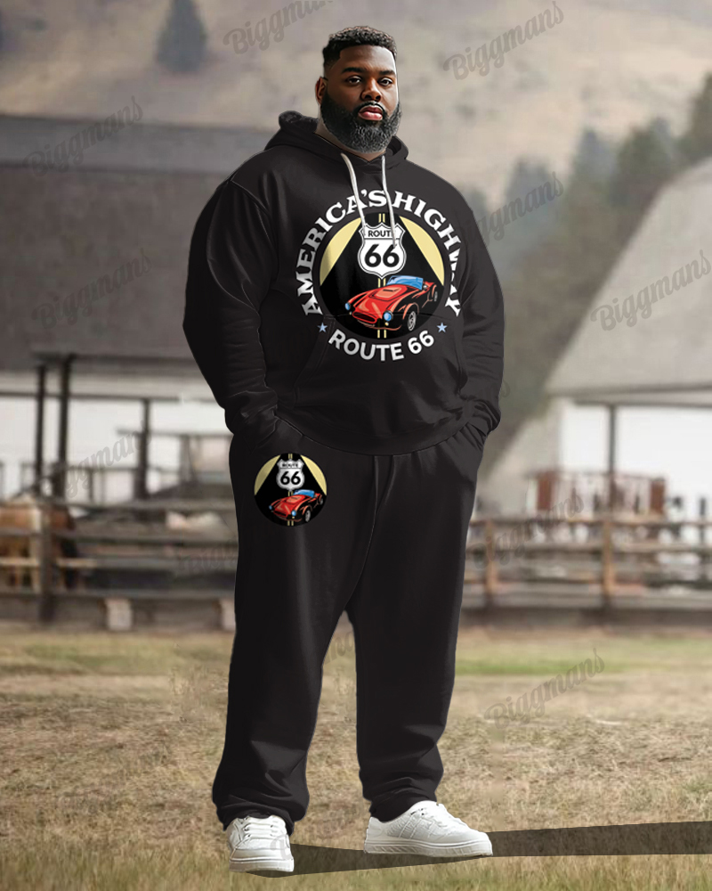 Men's Plus Size Fun Cars Route 66 Printed Hoodie Suit