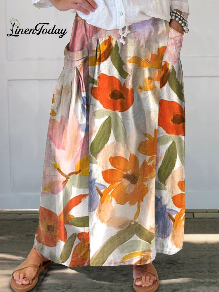 Women’s Floral Print Linen Pocket Skirt Multicolor / S