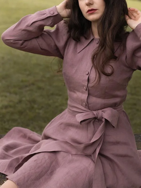 Vintage Bubble Sleeve Linen Dress-Mayoulove