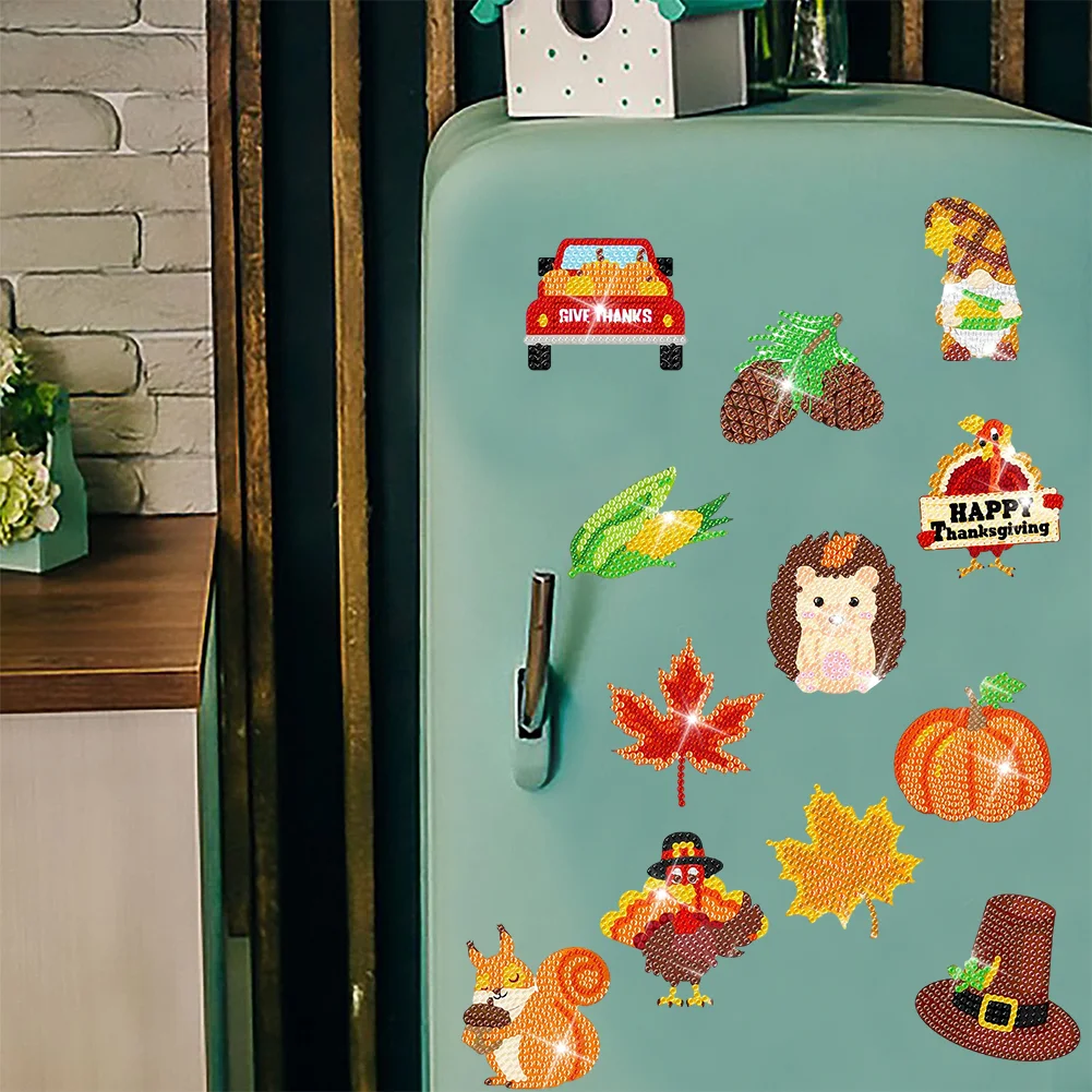 12pcs DIY Thanksgiving Diamond Painting Magnets Refrigerator for Adult Kid Fridge Car