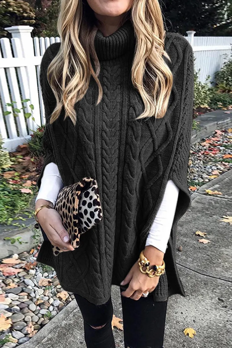 Turtleneck Solid Color Slit Sweater