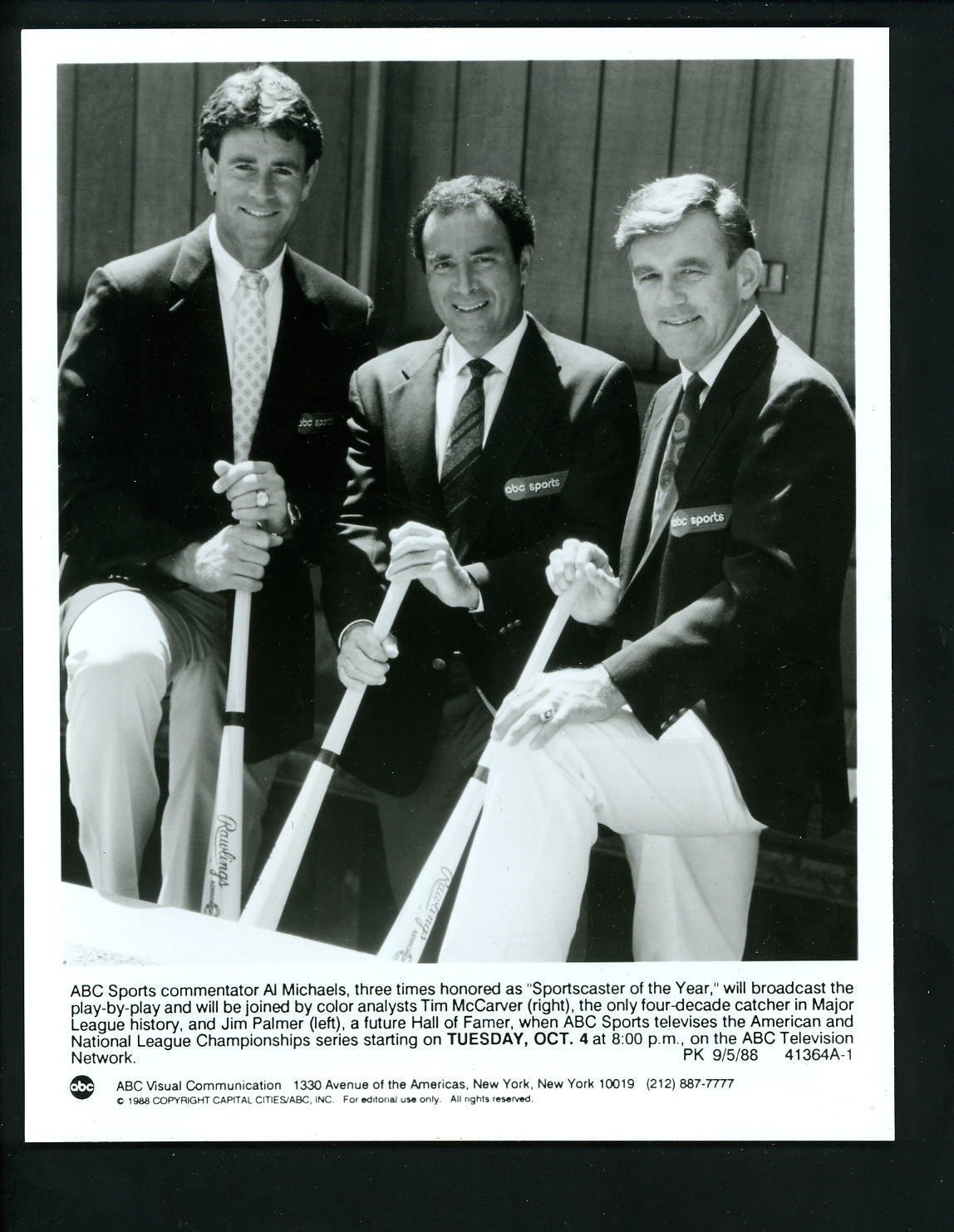 Tim McCarver Jim Palmer Al Michaels 1988 ABC Press Photo Poster painting Orioles Cardinals