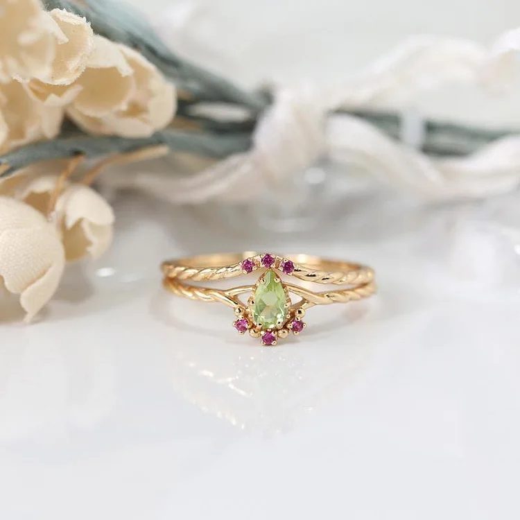 Olivenorma Dainty Peridot Pink Crystal Stacking Adjustable Ring Set